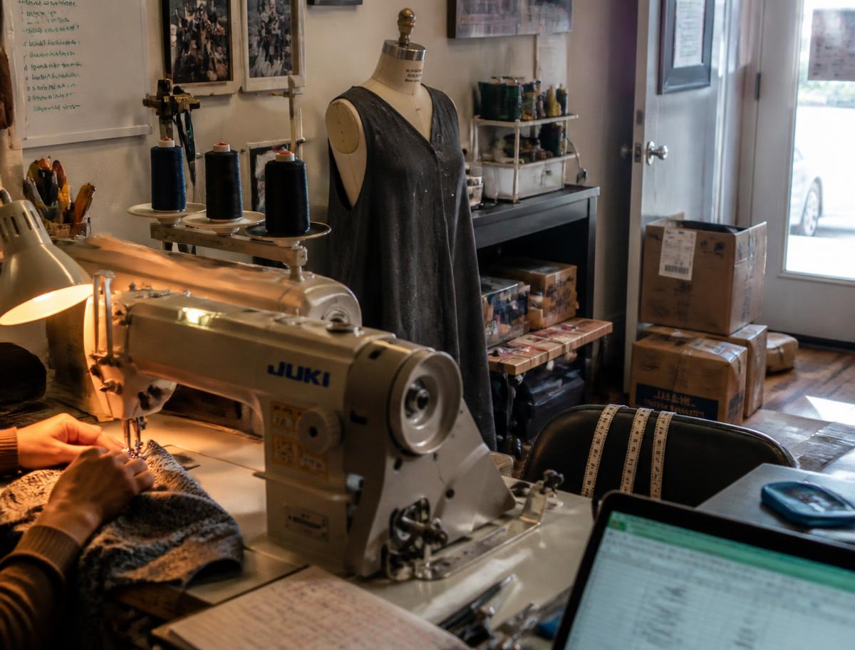 An alterations studio in use: fabric under the sewing machine needle, a pinned garment on a dress form, packed shipping boxes by the door