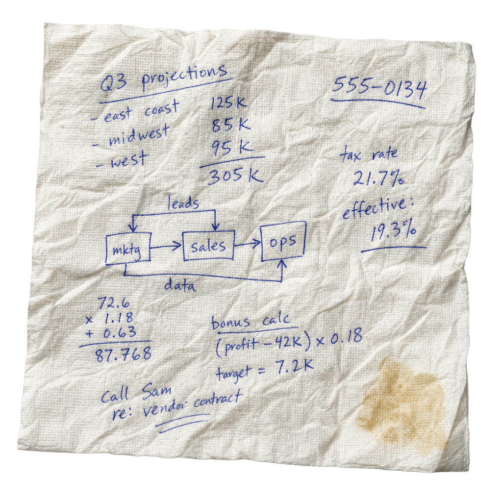 A crumpled paper napkin covered in handwritten notes, rough numbers, and a small diagram, with a faint grease stain in one corner