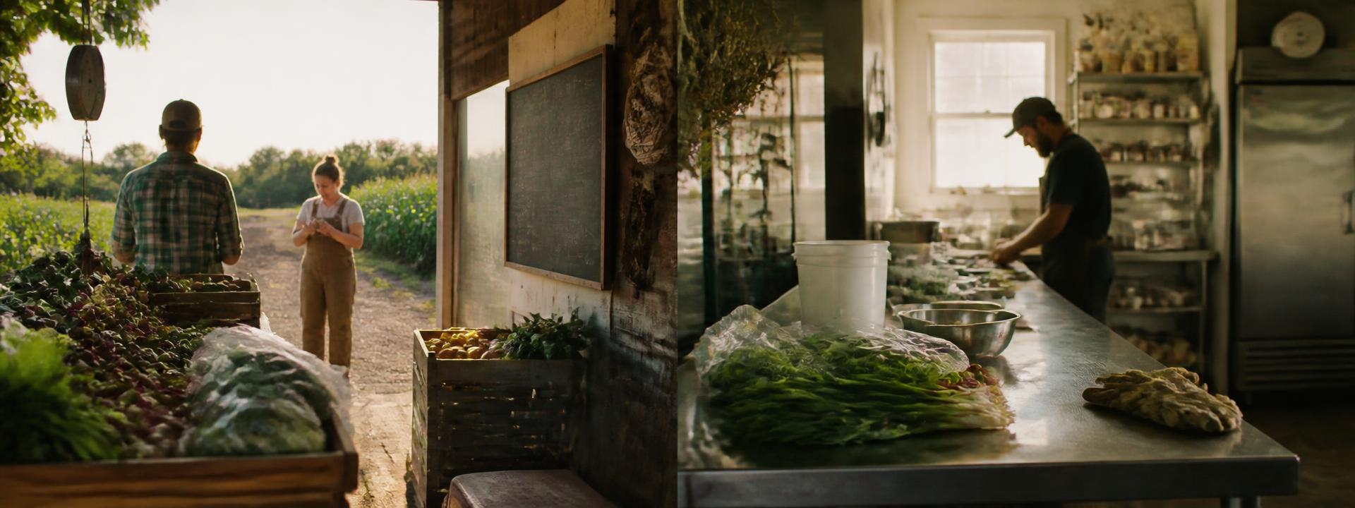 A roadside farm stand at dusk and a small commercial kitchen prep table being loaded for the morning